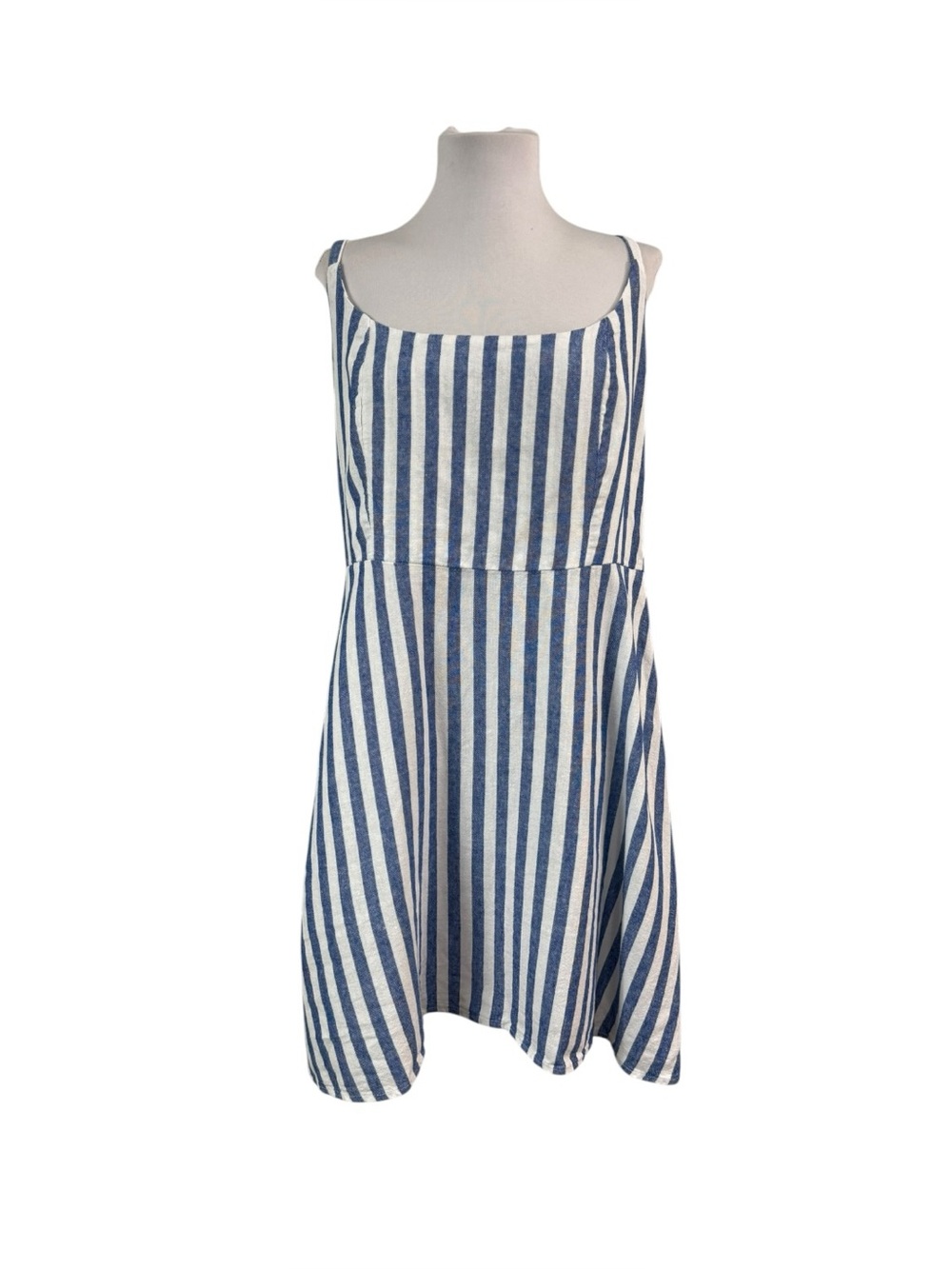 Old Navy Women's XL Mini Dress Linen Blend Pockets Striped Blue White Adjustable